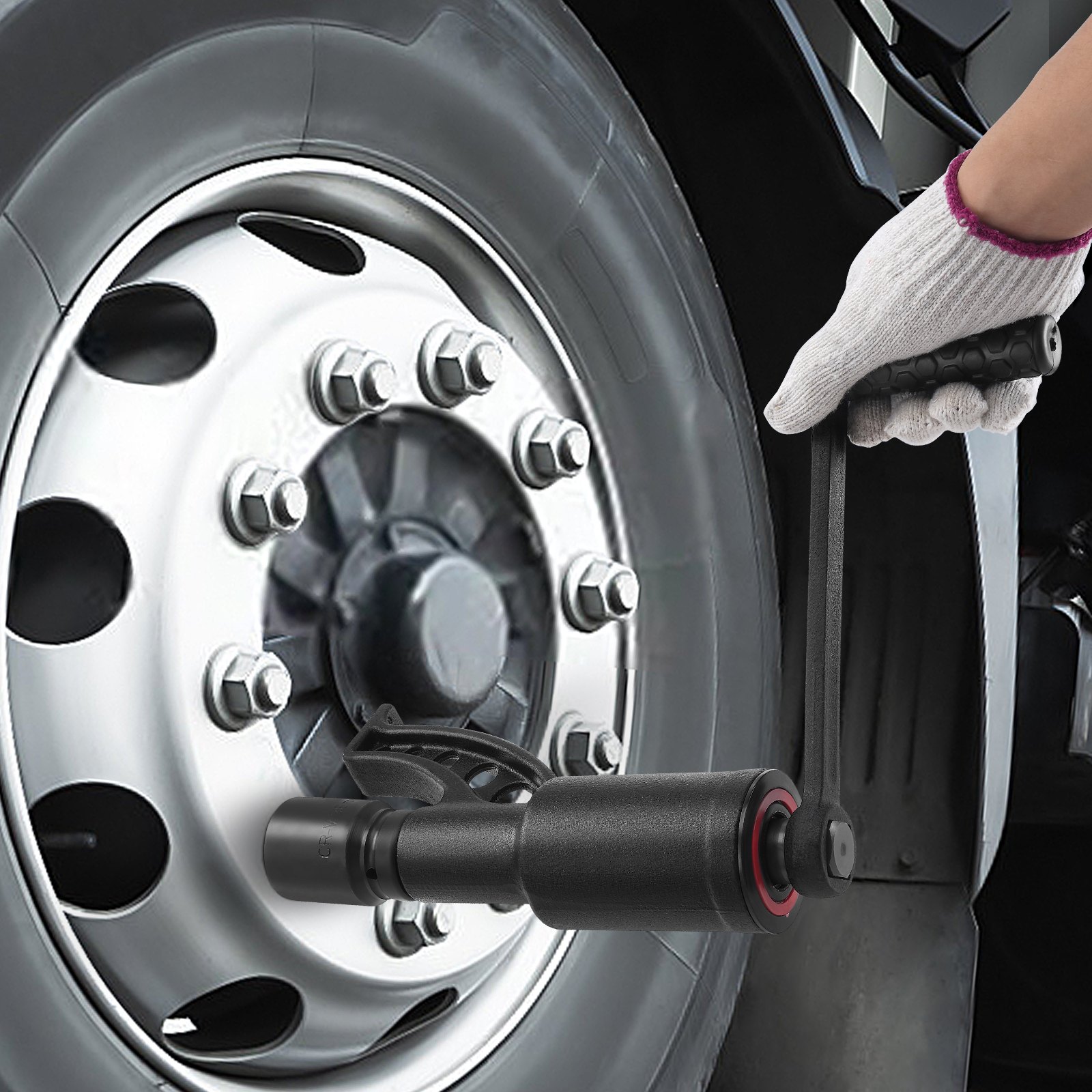 hand using VEVOR torque multiplier on vehicle wheel lug nuts, wearing white glove.