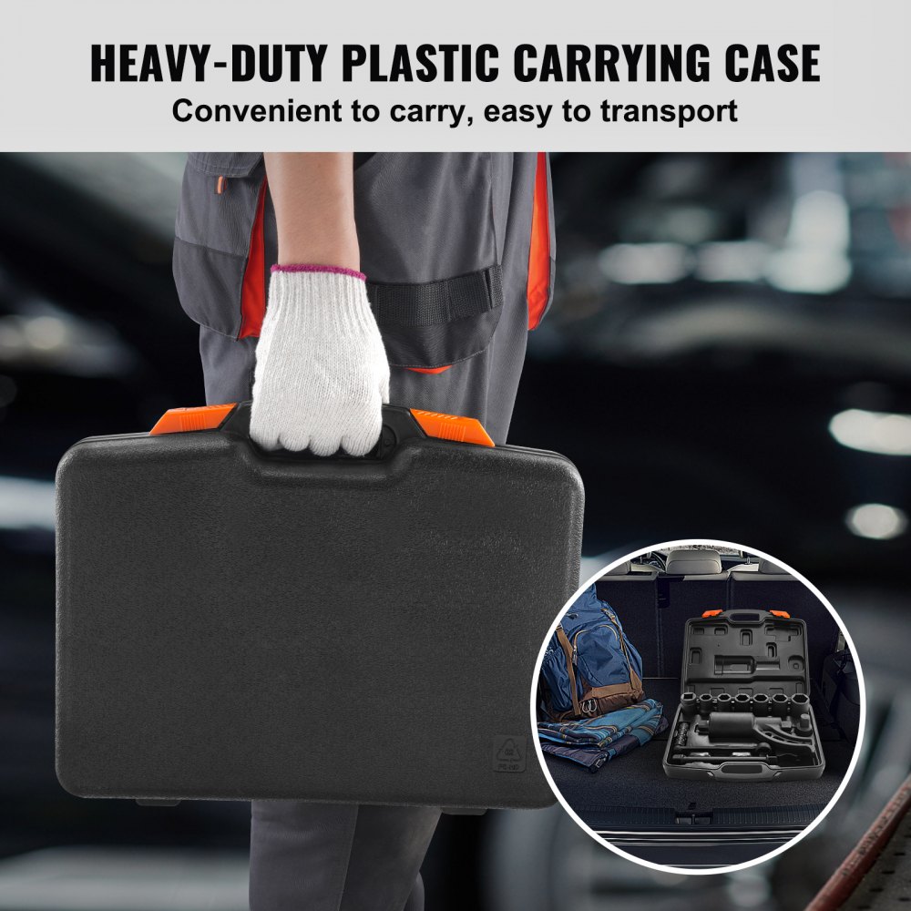worker holding a heavy-duty plastic case with VEVOR torque multiplier wrench set shown inside.