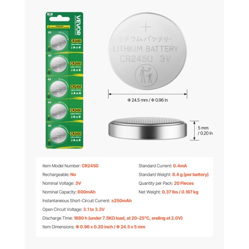 VEVOR CR2450 Lithium Battery, 20 Count (Pack of 4) Lithium Coin