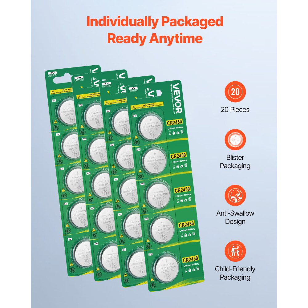 VEVOR CR2450 Lithium Battery, 20 Count (Pack of 4) Lithium Coin Battery, Non-Mercury and Anti-Swallow Designed, Long Lasting 3V CR 2450 Cell Batteries, for Key Fobs, Glucometers, and Other Devices
