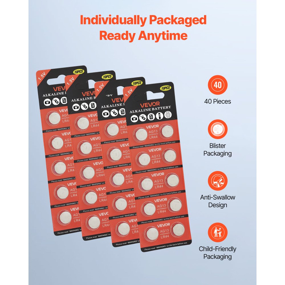 VEVOR Button Cell Battery, 4 Pack (40 Count) LR44 Alkaline Batteries Non-Mercury, AG13 357 303 SR44 Battery 1.5V Button Coin Cell Batteries for Remote Controls, Heart Rate Monitors, and Other Devices