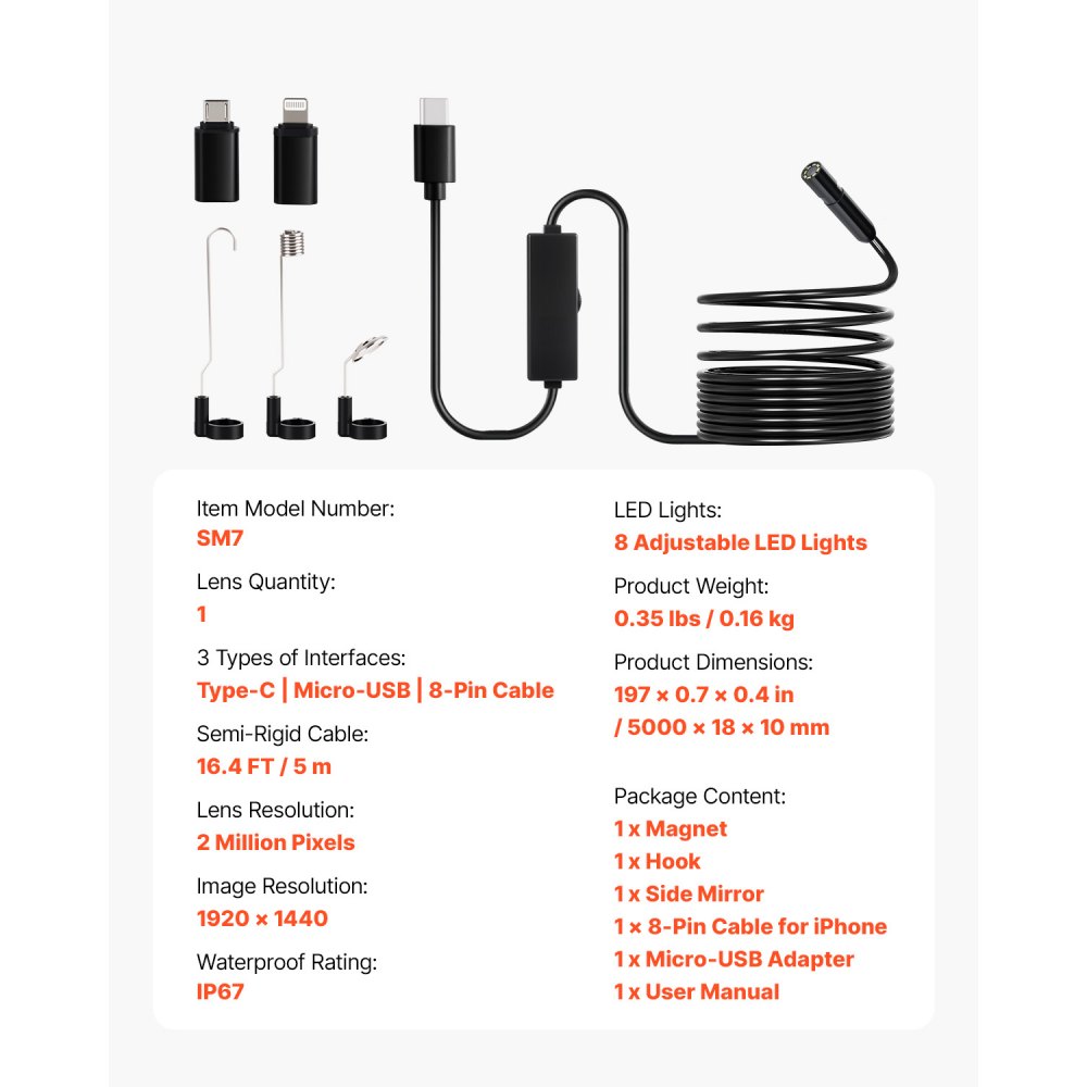 VEVOR Endoscope Camera with Light, 1920P HD Borescope for Android & IOS, 8 LED Lights Inspection Camera with 5m Semi-Rigid Cable, 2X Zoom, IP67 Waterproof Snake Scope Camera for Auto, Plumbing