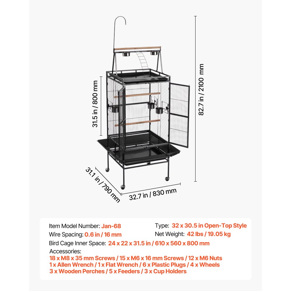 VEVOR Bird Cage, 830 x 790 x 2100 mm, Open Flat Top, Wrought Iron Bird Flight Cage with Perches, Slide-Out Tray, Plastic Feeders, for Cockatiel, Monk Parakeet, Amazon Parrot, African Grey Parrot