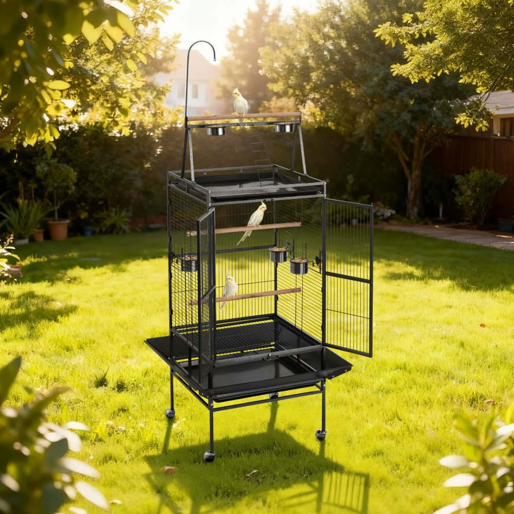 VEVOR Bird Cage, 830 x 790 x 2100 mm, Open Flat Top, Wrought Iron Bird Flight Cage with Perches, Slide-Out Tray, Plastic Feeders, for Cockatiel, Monk Parakeet, Amazon Parrot, African Grey Parrot