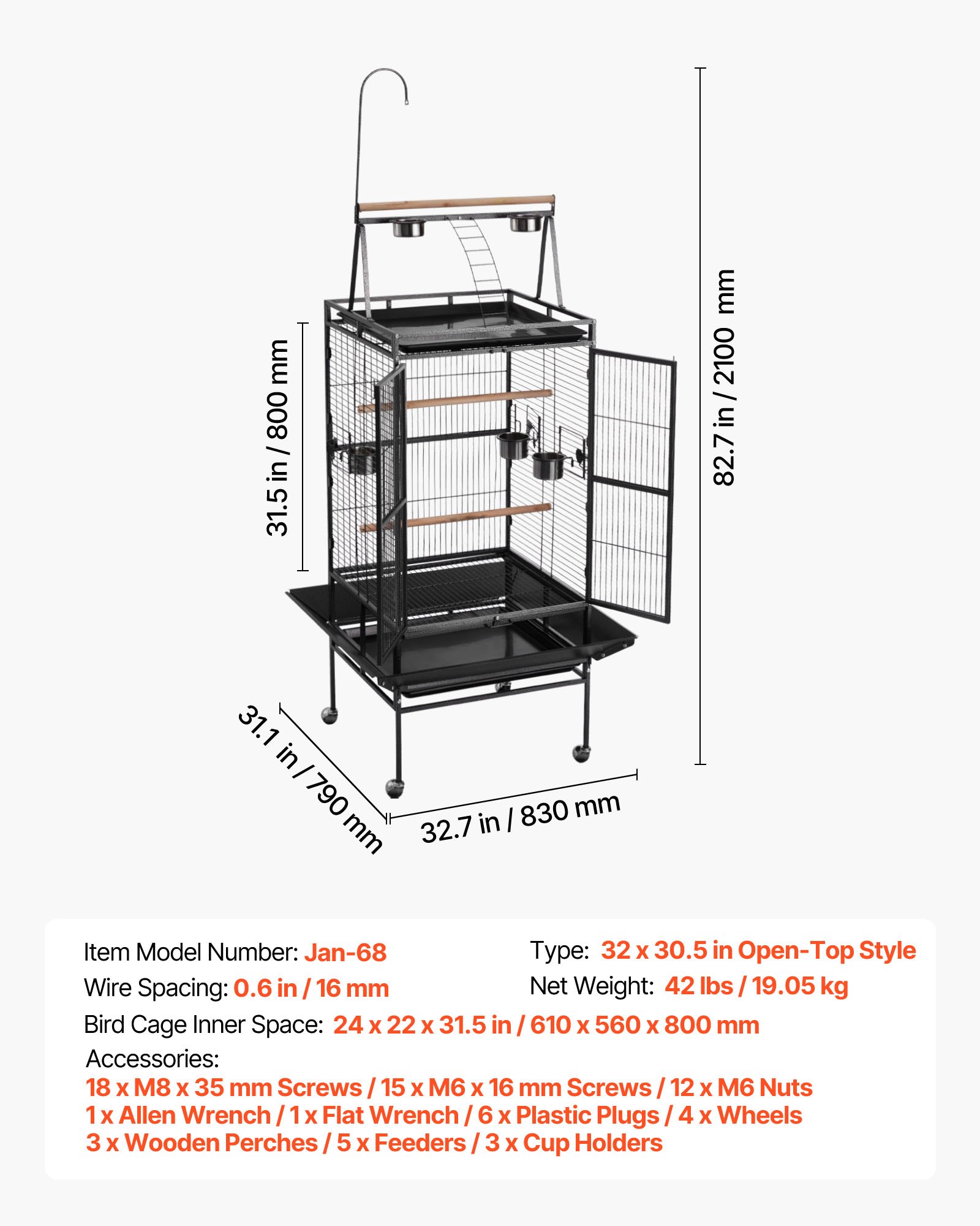 VEVOR Bird Cage, 830 x 790 x 2100 mm, Open Flat Top, Wrought Iron Bird Flight Cage with Perches, Slide-Out Tray, Plastic Feeders, for Cockatiel, Monk Parakeet, Amazon Parrot, African Grey Parrot