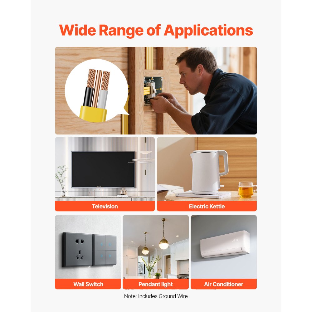 VEVOR NM-B Wire, 14AWG/2C Non-Mettalic Residential Indoor Electrical Wire with Ground, PVC Sheathed High-Purity Copper Core Cable, for Outlets, Switches, Other Loads & Lighting Wiring Project(100 ft)