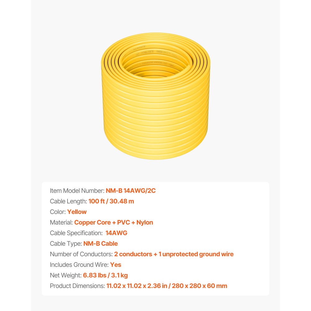 VEVOR NM-B Wire, 14AWG/2C Non-Mettalic Residential Indoor Electrical Wire with Ground, PVC Sheathed High-Purity Copper Core Cable, for Outlets, Switches, Other Loads & Lighting Wiring Project(100 ft)