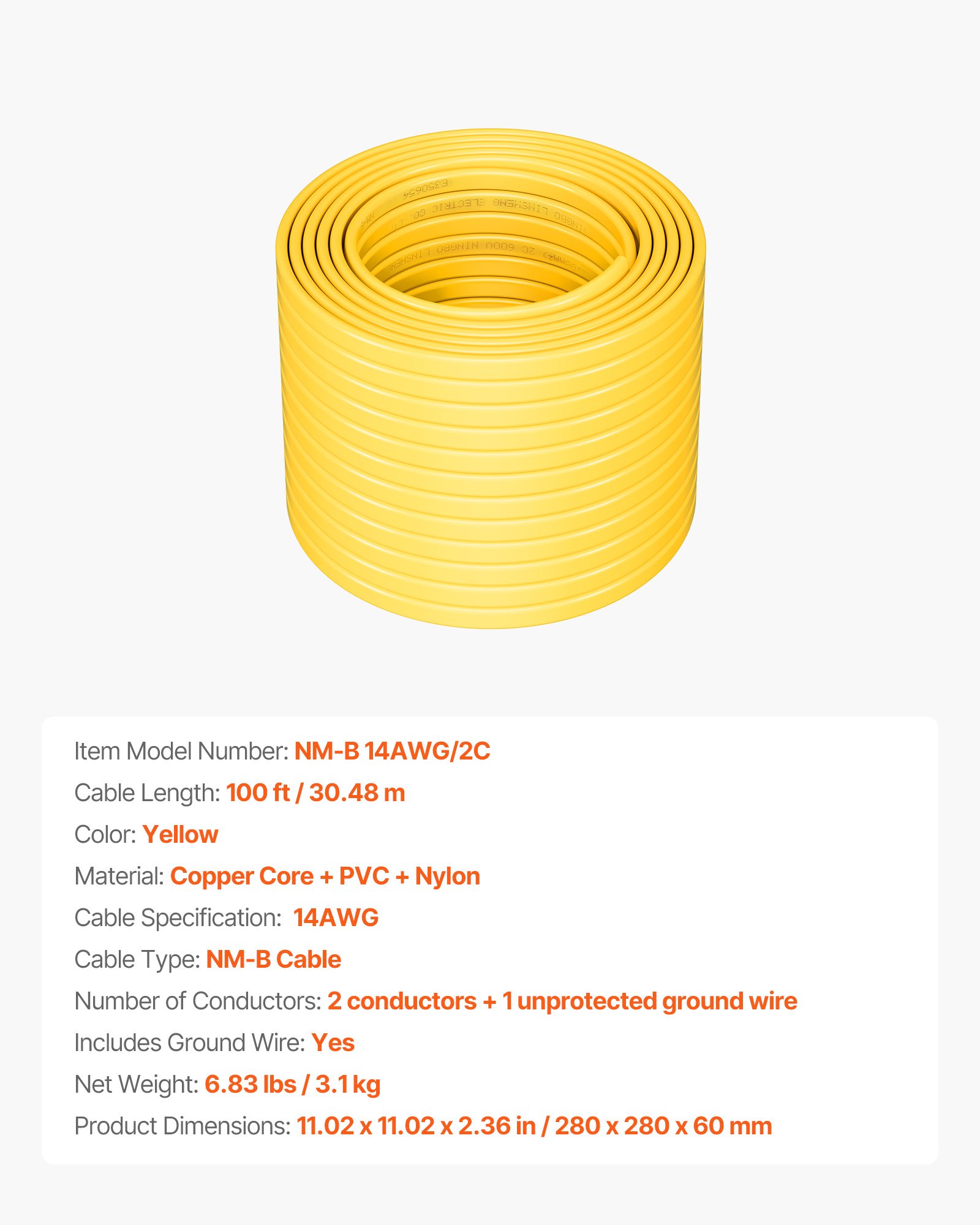 VEVOR NM-B Wire, 14AWG/2C Non-Mettalic Residential Indoor Electrical Wire with Ground, PVC Sheathed High-Purity Copper Core Cable, for Outlets, Switches, Other Loads & Lighting Wiring Project(100 ft)
