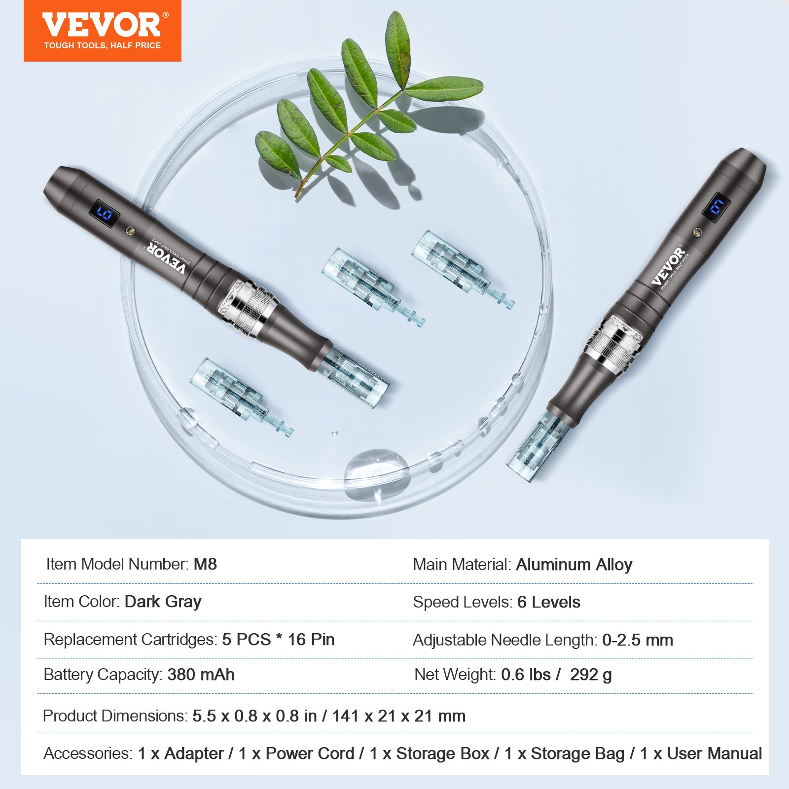 VEVOR Professional Microneedling Pen, Electric Derma Pen with 5PCS * 16Pin Disposable Cartridges, 6 Variable Speed Skin Care Beauty Device with LCD Display and 0-2.5mm Adjustable Needle Length