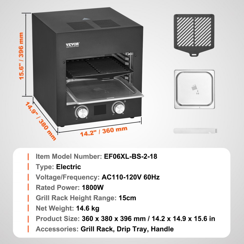VEVOR Electric Steak Grill, 1800W Smokeless Infrared Electric Broiler, 1450°F Stainless Steel Steak Cooker with 6-Tier Adjustable Rack, Electric Infrared Grill for BBQ, Toast, Grill, Indoor