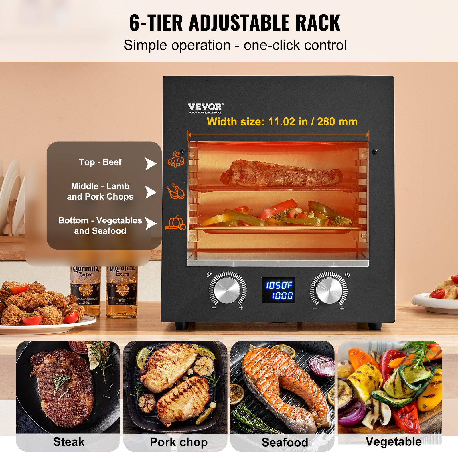 VEVOR Electric Steak Grill, 1800W Smokeless Infrared Electric Broiler, 1450°F Stainless Steel Steak Cooker with 6-Tier Adjustable Rack, Electric Infrared Grill for BBQ, Toast, Grill, Indoor