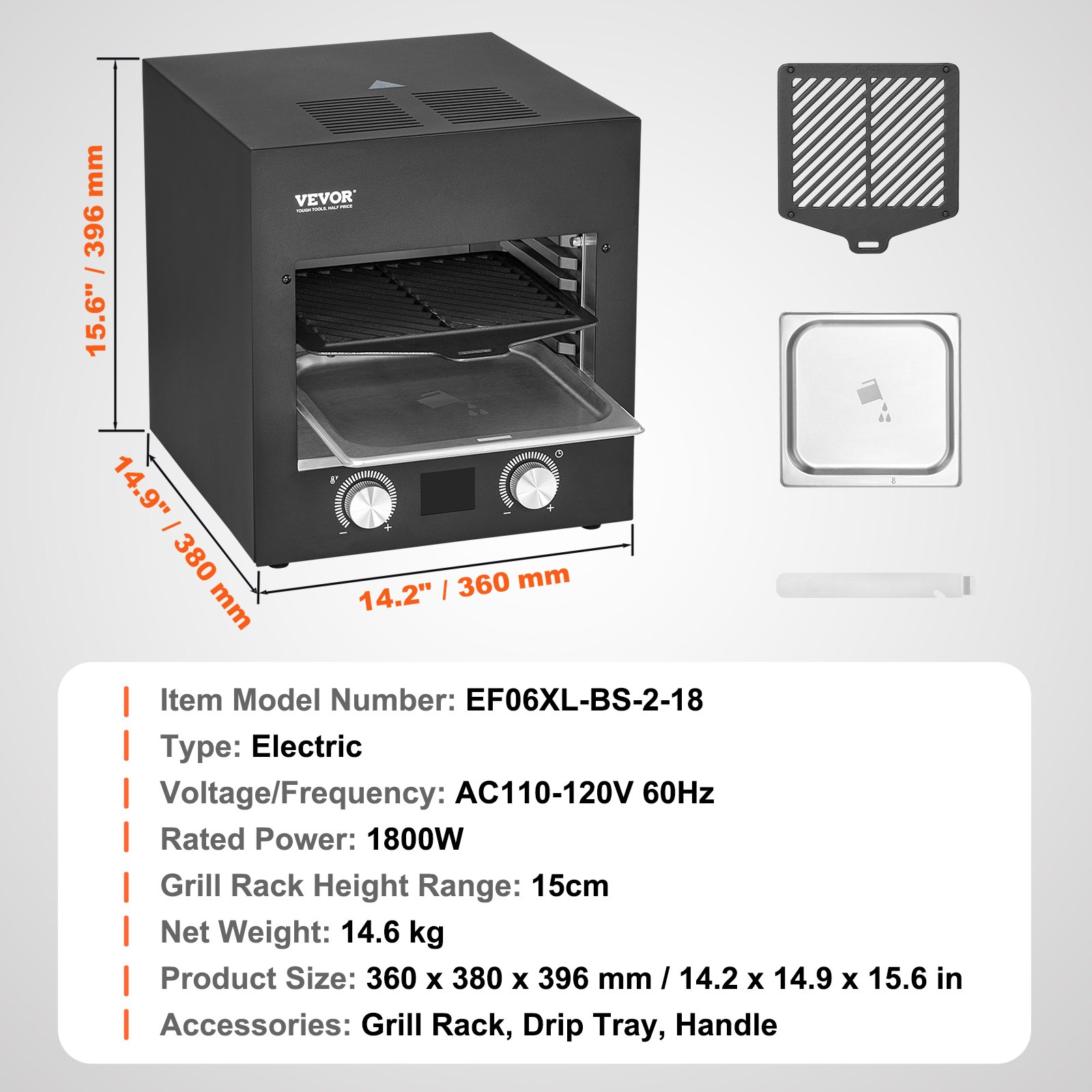 VEVOR Electric Steak Grill, 1800W Smokeless Infrared Electric Broiler, 1450°F Stainless Steel Steak Cooker with 6-Tier Adjustable Rack, Electric Infrared Grill for BBQ, Toast, Grill, Indoor
