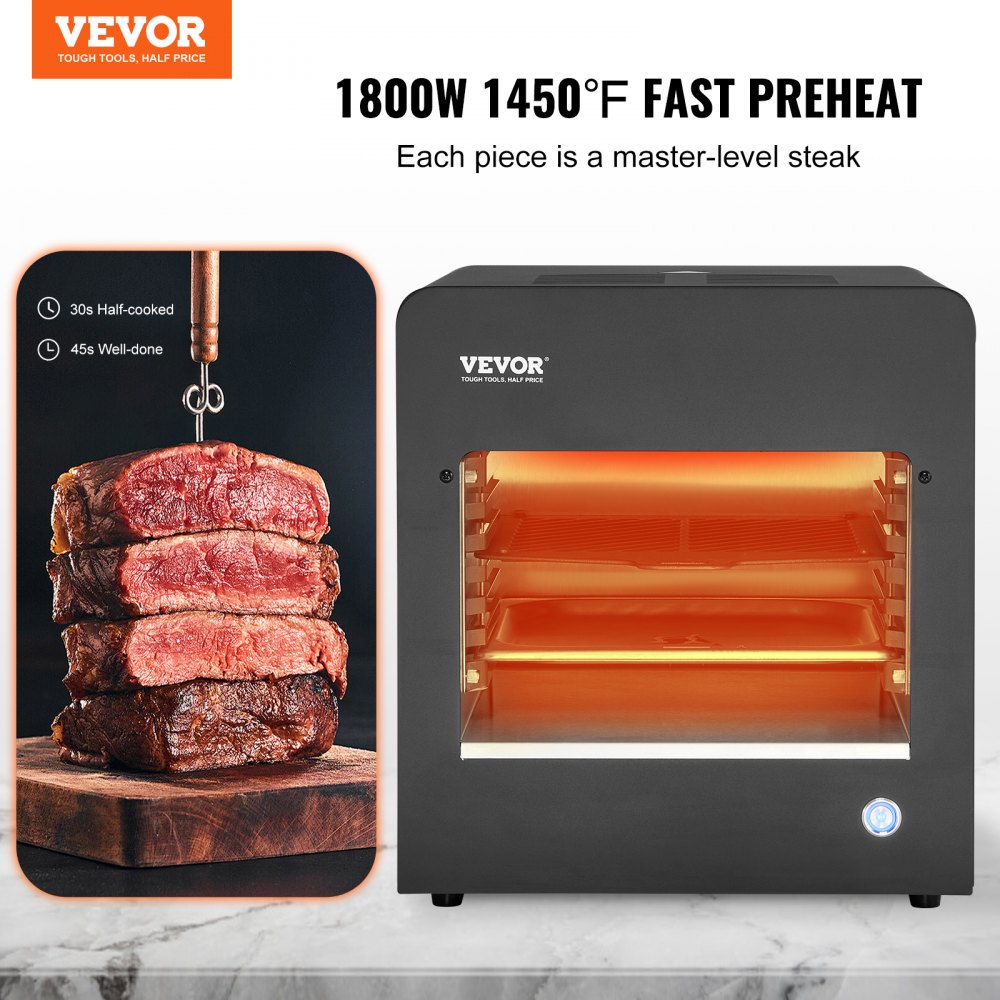 VEVOR Electric Steak Grill, 1800W Smokeless Infrared Electric Broiler, 1450°F Stainless Steel Steak Cooker with 6-Tier Adjustable Rack, Electric Infrared Grill for BBQ, Toast, Grill, Indoor