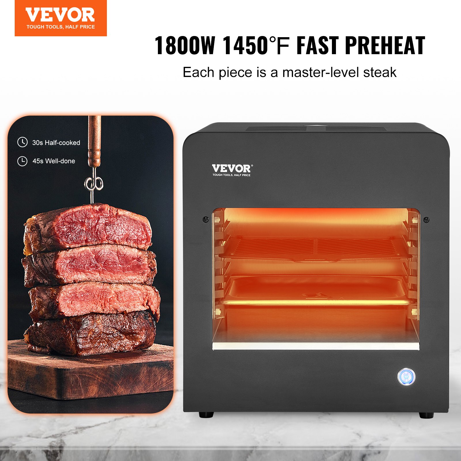 VEVOR Electric Steak Grill, 1800W Smokeless Infrared Electric Broiler, 1450°F Stainless Steel Steak Cooker with 6-Tier Adjustable Rack, Electric Infrared Grill for BBQ, Toast, Grill, Indoor