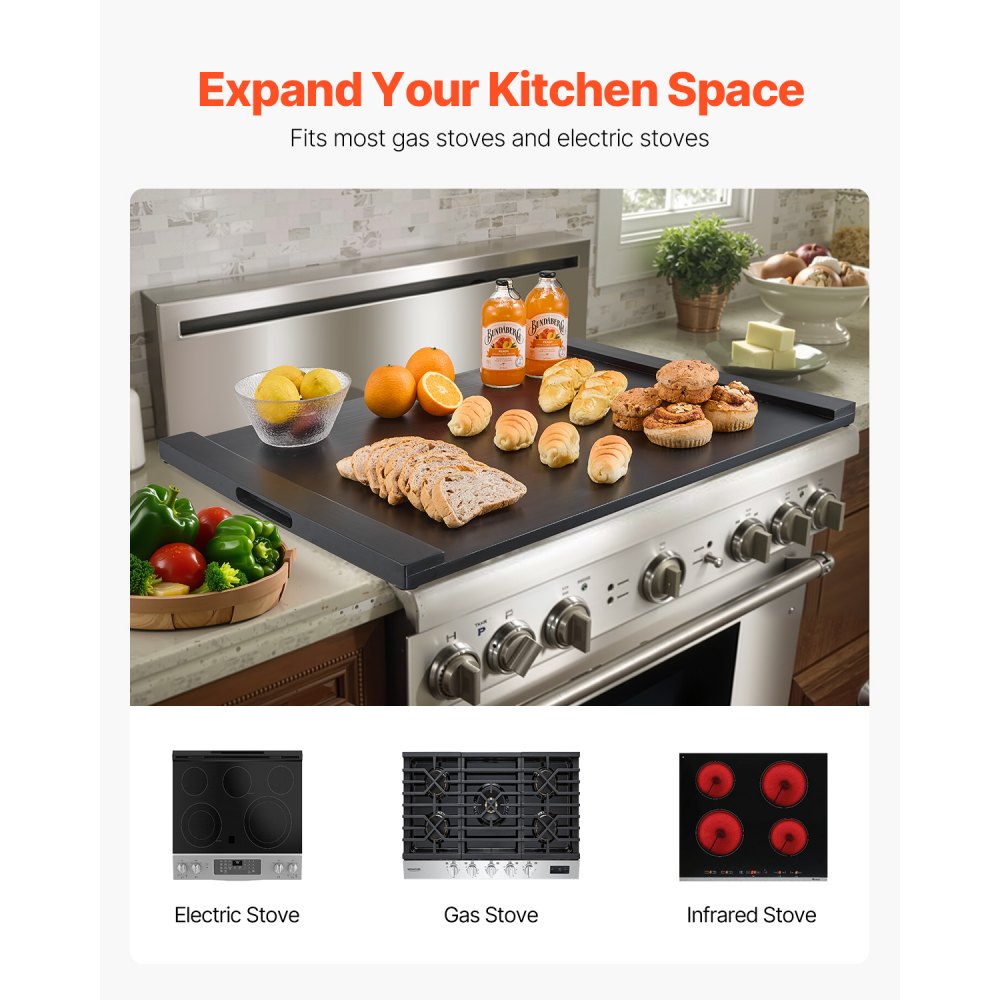 VEVOR Noodle Board Stove Cover, Stove Top Covers for Gas Burners & Electric Stove, Pine Wood Cutting Board with Built-in Handles, RV Stovetop Cover/ Kitchen Sink Cover for Counter Space & Tray, Black