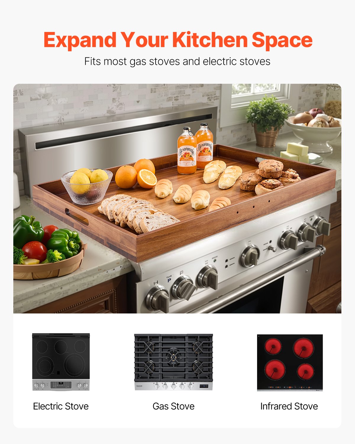 VEVOR Noodle Board Stove Cover, Stove Top Cover Board for Gas Burner & Electric Stove, Acacia Wood Cutting Board with Built-in Handles, RV Stovetop Cover/ Kitchen Sink Cover for Counter Space & Tray