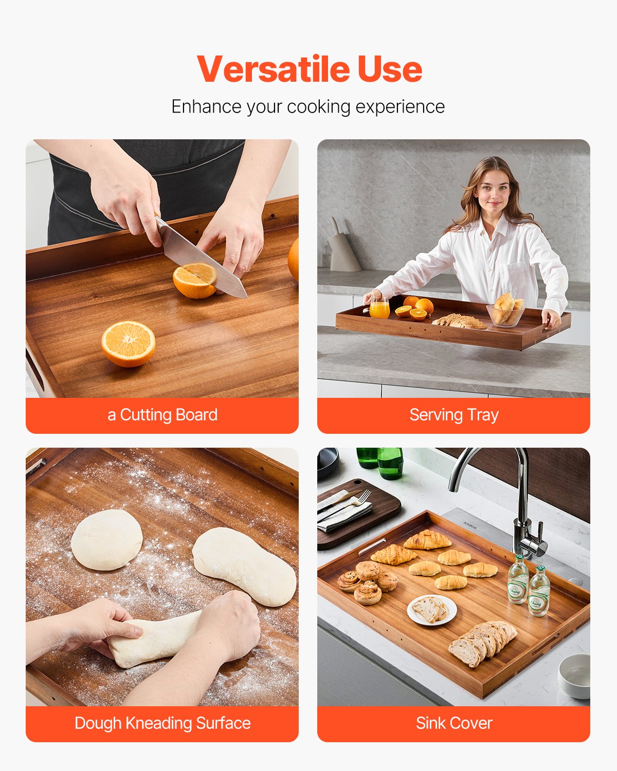 VEVOR Noodle Board Stove Cover, Stove Top Cover Board for Gas Burner & Electric Stove, Acacia Wood Cutting Board with Built-in Handles, RV Stovetop Cover/ Kitchen Sink Cover for Counter Space & Tray