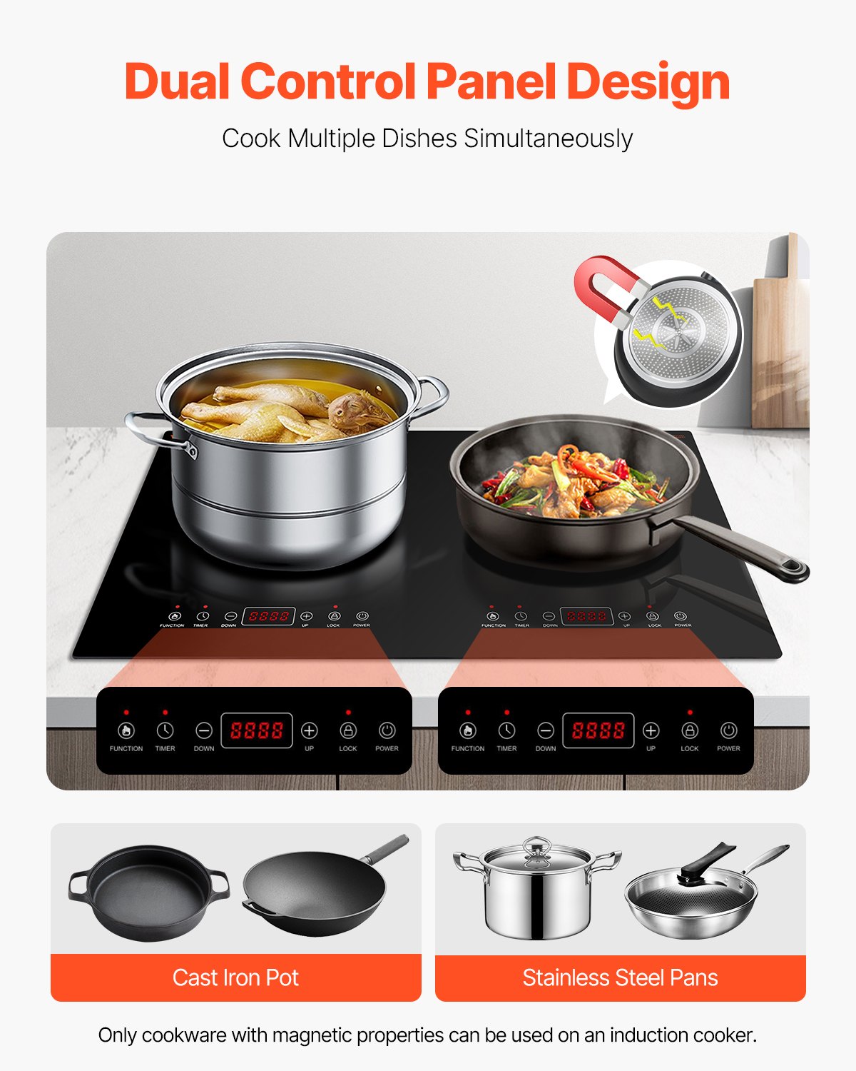 VEVOR Induction Cooktop, 1800W Electric Countertop Burner, 2 Burner Touch Control Stove, Built-in Induction Cooktop with 9 Power Settings, Child Safety Lock, Timer, Glass Surface