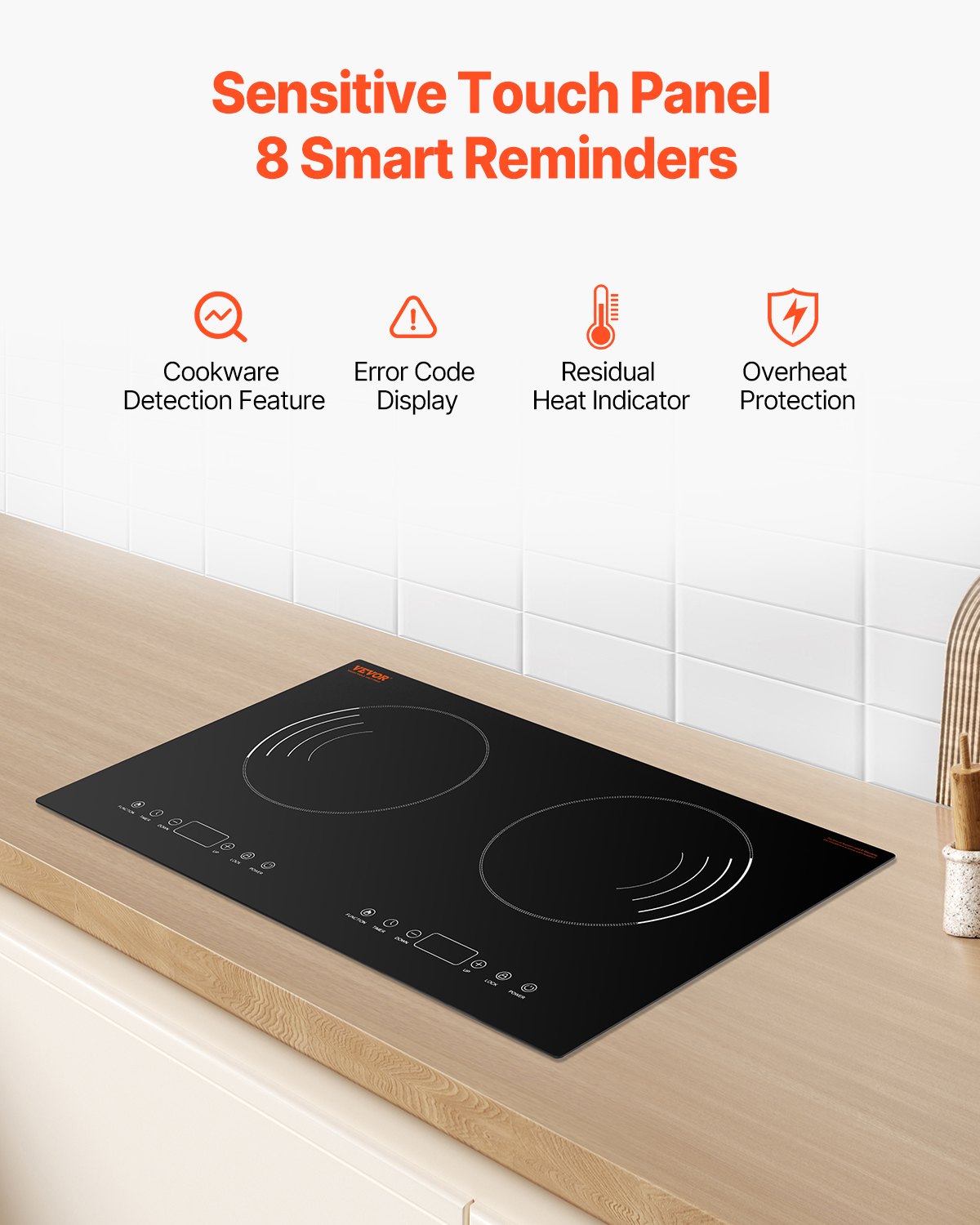 VEVOR Induction Cooktop, 1800W Electric Countertop Burner, 2 Burner Touch Control Stove, Built-in Induction Cooktop with 9 Power Settings, Child Safety Lock, Timer, Glass Surface