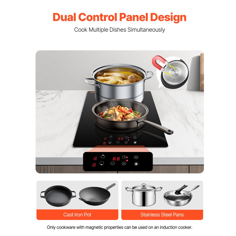 VEVOR Induction Cooktop, 3400W Electric Countertop Burner, 2 Burner Touch Control Stove, Built-in Induction Cooktop with 9 Power Settings, Child Safety Lock, Timer, Glass Surface