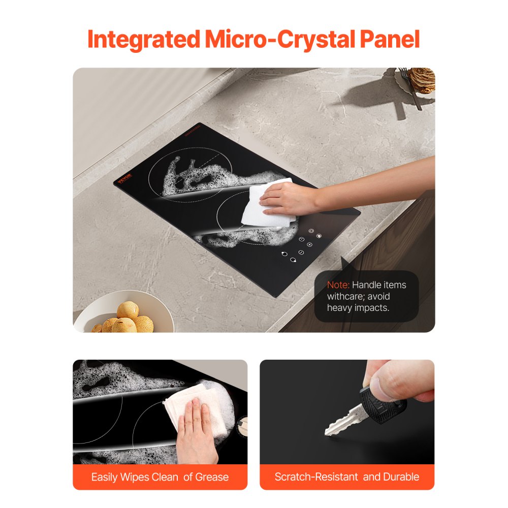 VEVOR Induction Cooktop, 3400W Electric Countertop Burner, 2 Burner Touch Control Stove, Built-in Induction Cooktop with 9 Power Settings, Child Safety Lock, Timer, Glass Surface