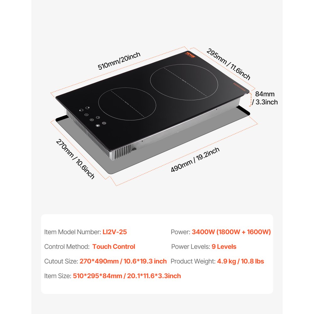 VEVOR Induction Cooktop, 3400W Electric Countertop Burner, 2 Burner Touch Control Stove, Built-in Induction Cooktop with 9 Power Settings, Child Safety Lock, Timer, Glass Surface