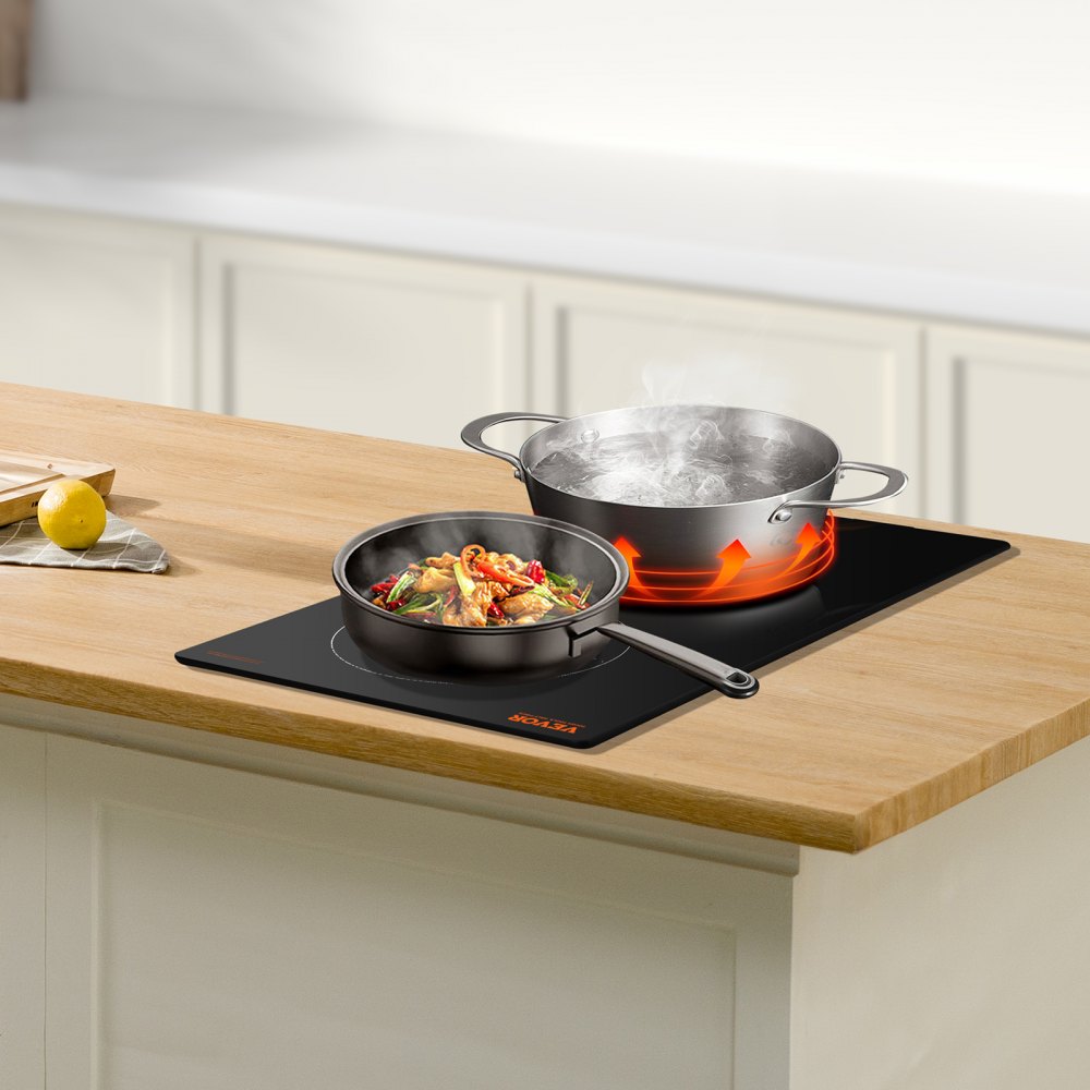 VEVOR Induction Cooktop, 3400W Electric Countertop Burner, 2 Burner Touch Control Stove, Built-in Induction Cooktop with 9 Power Settings, Child Safety Lock, Timer, Glass Surface