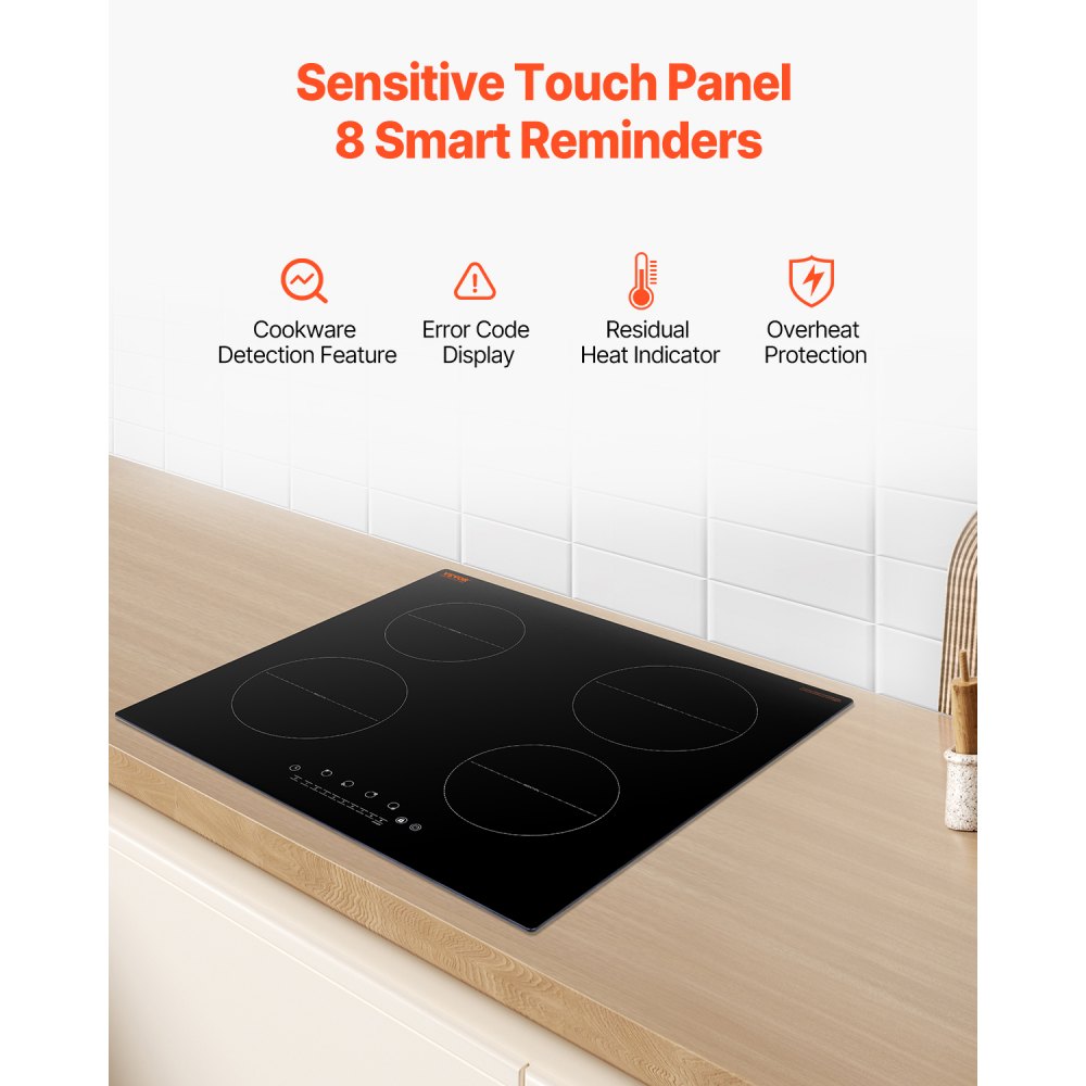 VEVOR Induction Cooktop, 6000W Electric Countertop Burner, 4 Burner Touch Control Stove, Built-in Induction Cooktop with 9 Power Settings, Child Safety Lock, Timer, Glass Surface