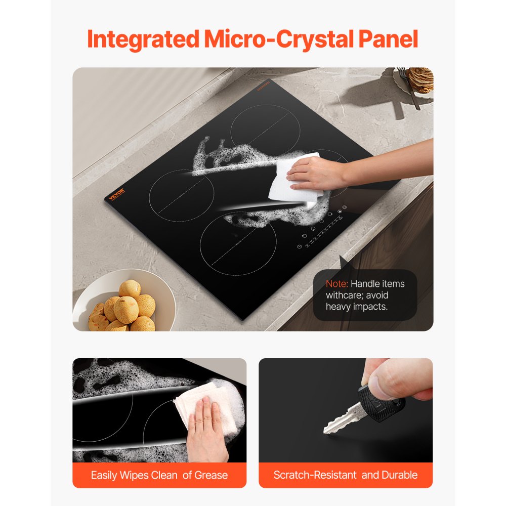 VEVOR Induction Cooktop, 6000W Electric Countertop Burner, 4 Burner Touch Control Stove, Built-in Induction Cooktop with 9 Power Settings, Child Safety Lock, Timer, Glass Surface