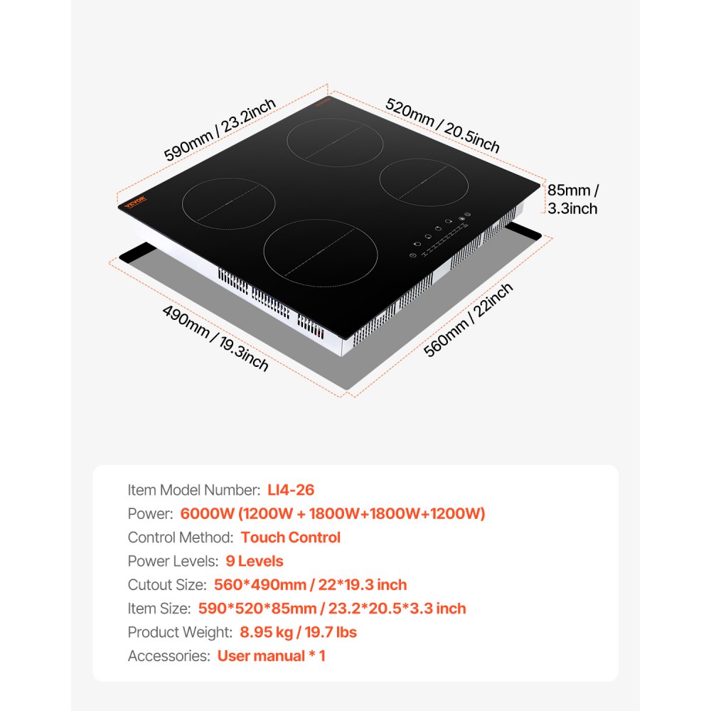 VEVOR Induction Cooktop, 6000W Electric Countertop Burner, 4 Burner Touch Control Stove, Built-in Induction Cooktop with 9 Power Settings, Child Safety Lock, Timer, Glass Surface