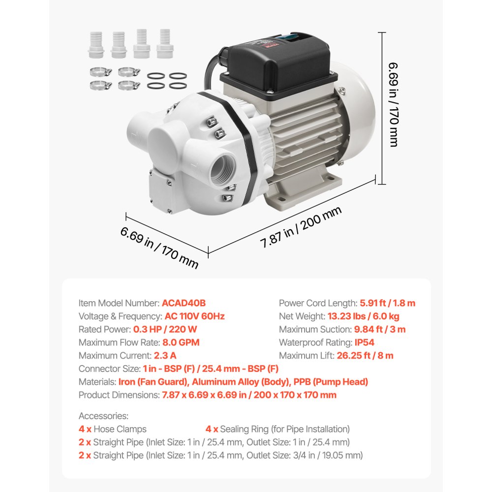 VEVOR DEF Transfer Pump, 8 GPM, Diaphragm Irrigation Self Priming Electric Water Pump for Diesel Exhaust Fluid Automotive Urea Oil, 110V, 220W, 26.25 ft Lift, for Liquid Transportation Refueling