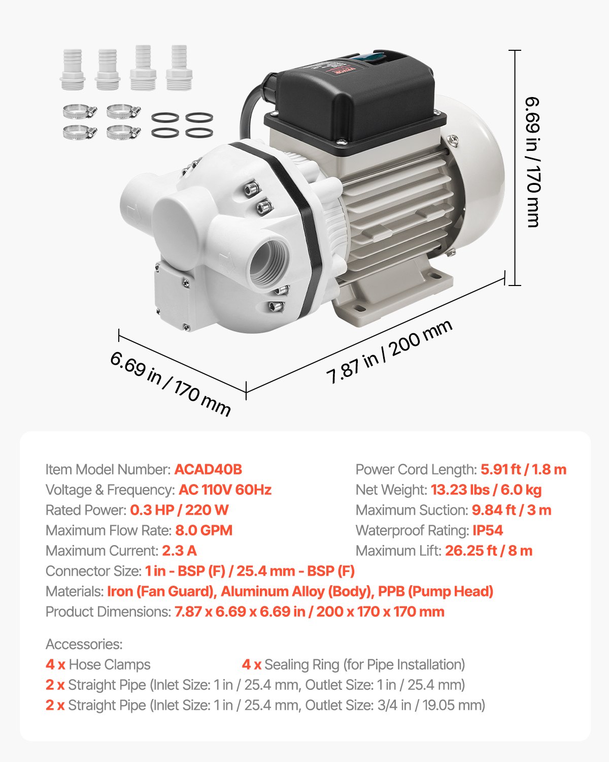 VEVOR DEF Transfer Pump, 8 GPM, Diaphragm Irrigation Self Priming Electric Water Pump for Diesel Exhaust Fluid Automotive Urea Oil, 110V, 220W, 26.25 ft Lift, for Liquid Transportation Refueling