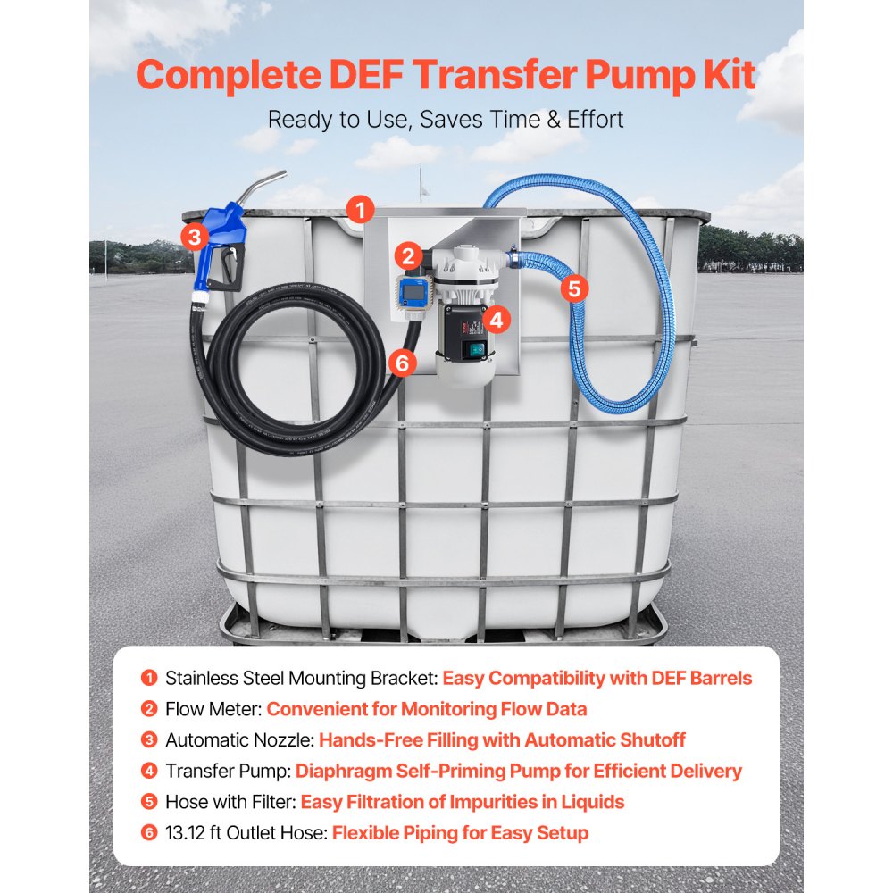 Kit de bomba de transferencia VEVOR de 110 V, 10,5 GPM, bomba de agua eléctrica autocebante de diafragma para fluido de escape diésel de urea, con soporte de montaje, medidor de flujo, boquilla automática y manguera, para transporte de líquidos.