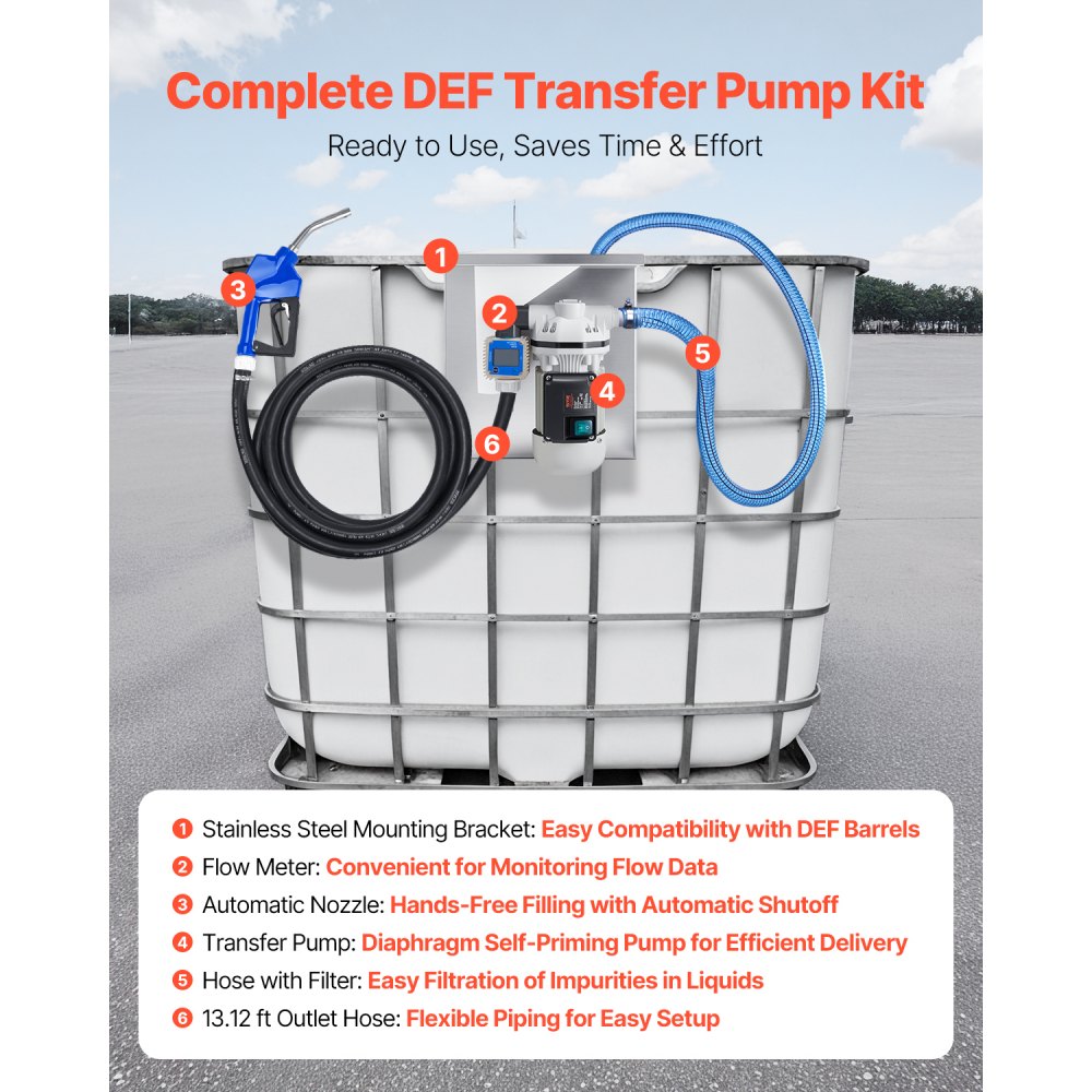 Kit de bomba de transferencia VEVOR de 110 V, 8 GPM, bomba de agua eléctrica autocebante de diafragma para fluido de escape diésel de urea, con soporte de montaje, medidor de flujo, boquilla automática y manguera, para transporte de líquidos.