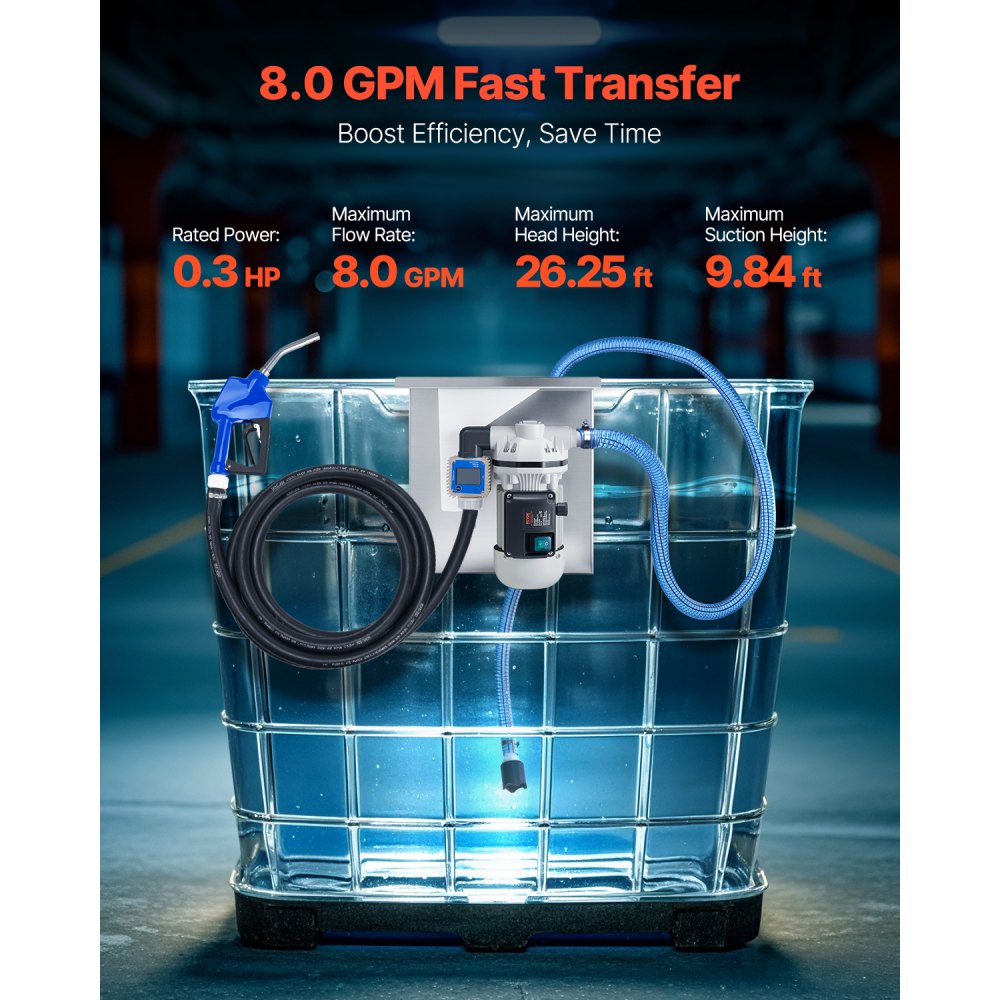 Kit de bomba de transferencia VEVOR de 110 V, 8 GPM, bomba de agua eléctrica autocebante de diafragma para fluido de escape diésel de urea, con soporte de montaje, medidor de flujo, boquilla automática y manguera, para transporte de líquidos.