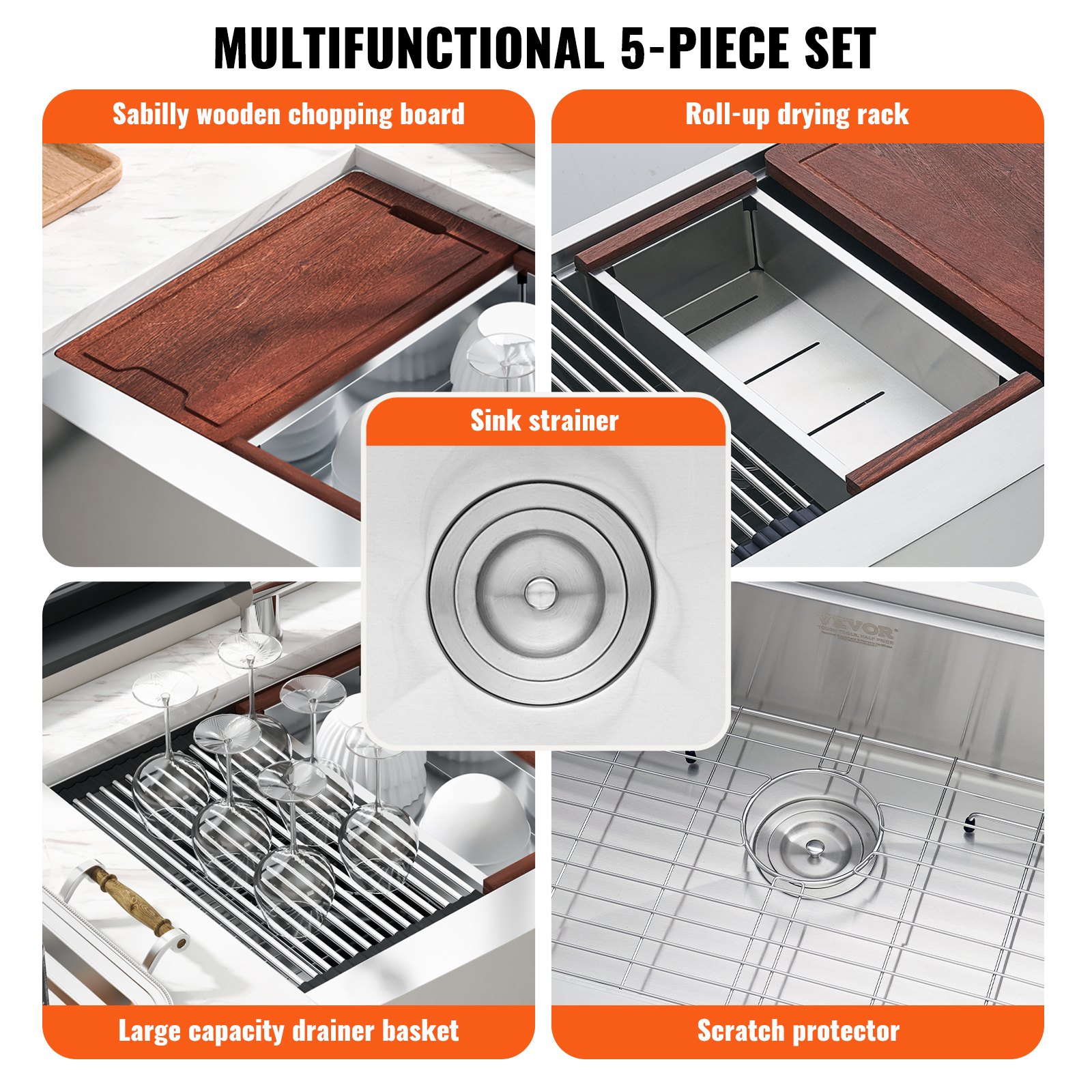 multifunctional 5-piece VEVOR farmhouse sink set with chopping board, drying rack, and sink strainer.