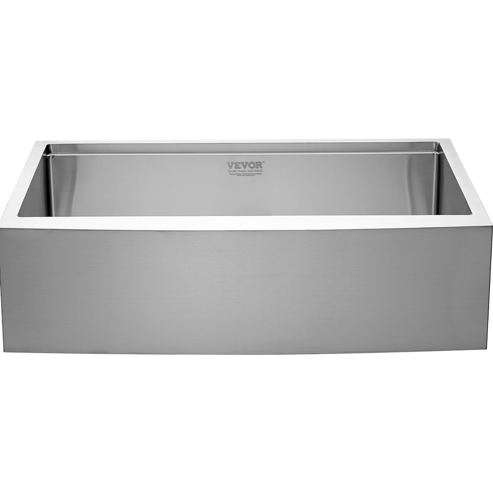 stainless steel VEVOR farmhouse sink with sleek, modern design and seamless edges.