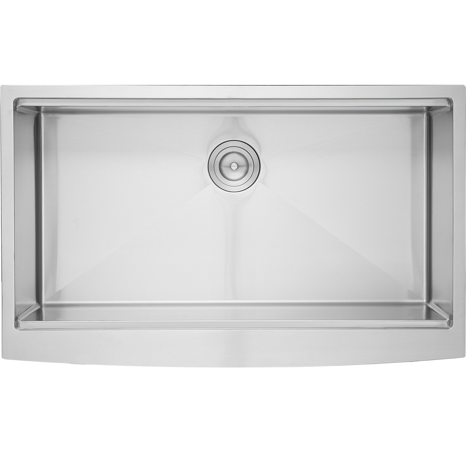 stainless steel VEVOR farmhouse sink with center drain and smooth brushed finish.