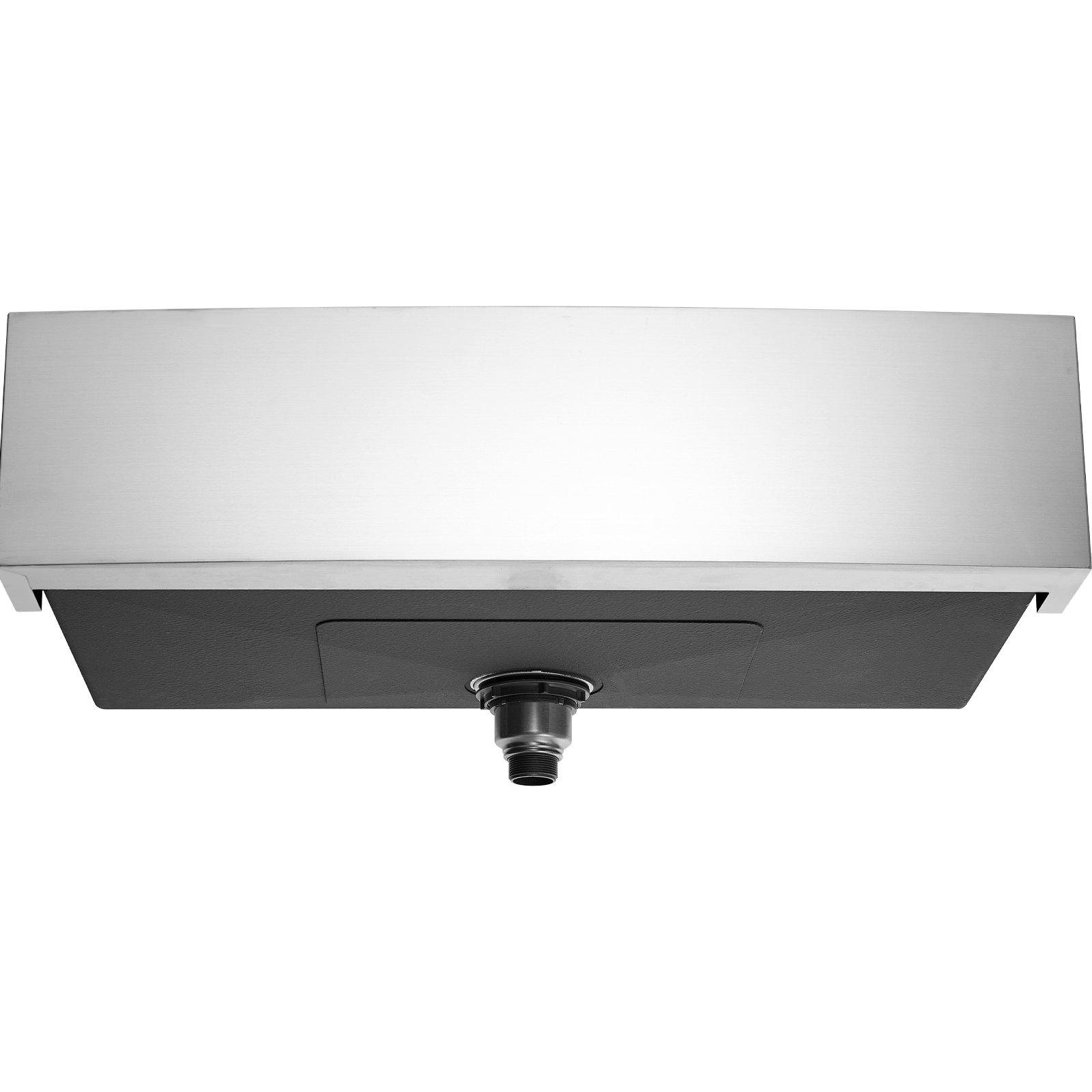 stainless steel bottom view of VEVOR farmhouse sink with central drain connection.