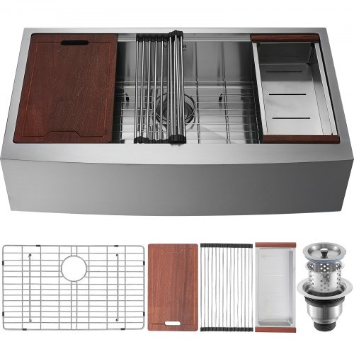 VEVOR Farmhouse Kitchen Sink, 304 Stainless Steel Drop-In Sinks, Top Mount Single Bowl Basin with Ledge & Accessories, Household Dishwasher Sinks for Workstation, Prep Kitchen, and Bar Sink, 33 inch