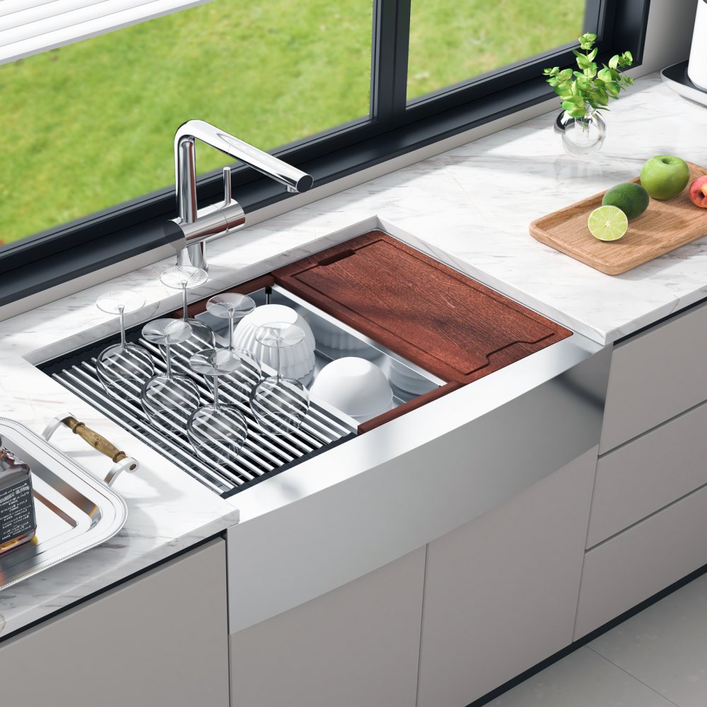 VEVOR Farmhouse Kitchen Sink, 304 Stainless Steel Drop-In Sinks, Top Mount Single Bowl Basin with Ledge & Accessories, Household Dishwasher Sinks for Workstation, Prep Kitchen, and Bar Sink, 36 inch