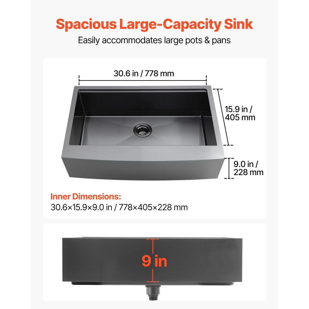 VEVOR 33-inch Kitchen Undermount Single Bowl Sinks, Stainless Steel Drop-In Farmhouse Basin with Ledge & Accessories, Household Dishwasher Sinks for RV, Prep Kitchen, Laundry Room, Bar
