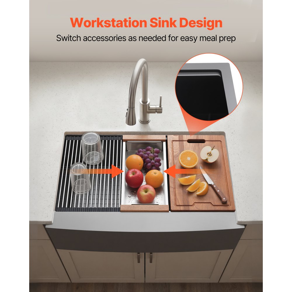 VEVOR 33-inch Kitchen Undermount Single Bowl Sinks, Stainless Steel Drop-In Farmhouse Basin with Ledge & Accessories, Household Dishwasher Sinks for RV, Prep Kitchen, Laundry Room, Bar