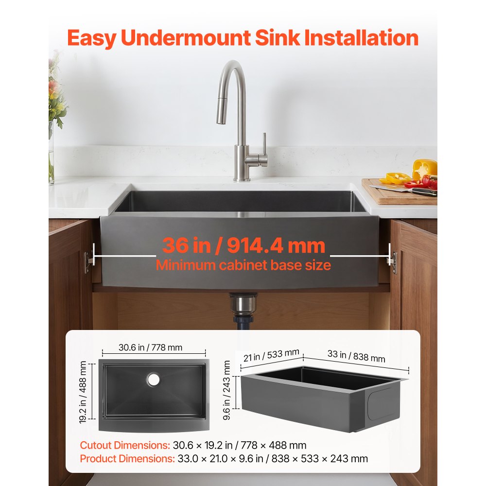 VEVOR 33-inch Kitchen Undermount Single Bowl Sinks, Stainless Steel Drop-In Farmhouse Basin with Ledge & Accessories, Household Dishwasher Sinks for RV, Prep Kitchen, Laundry Room, Bar