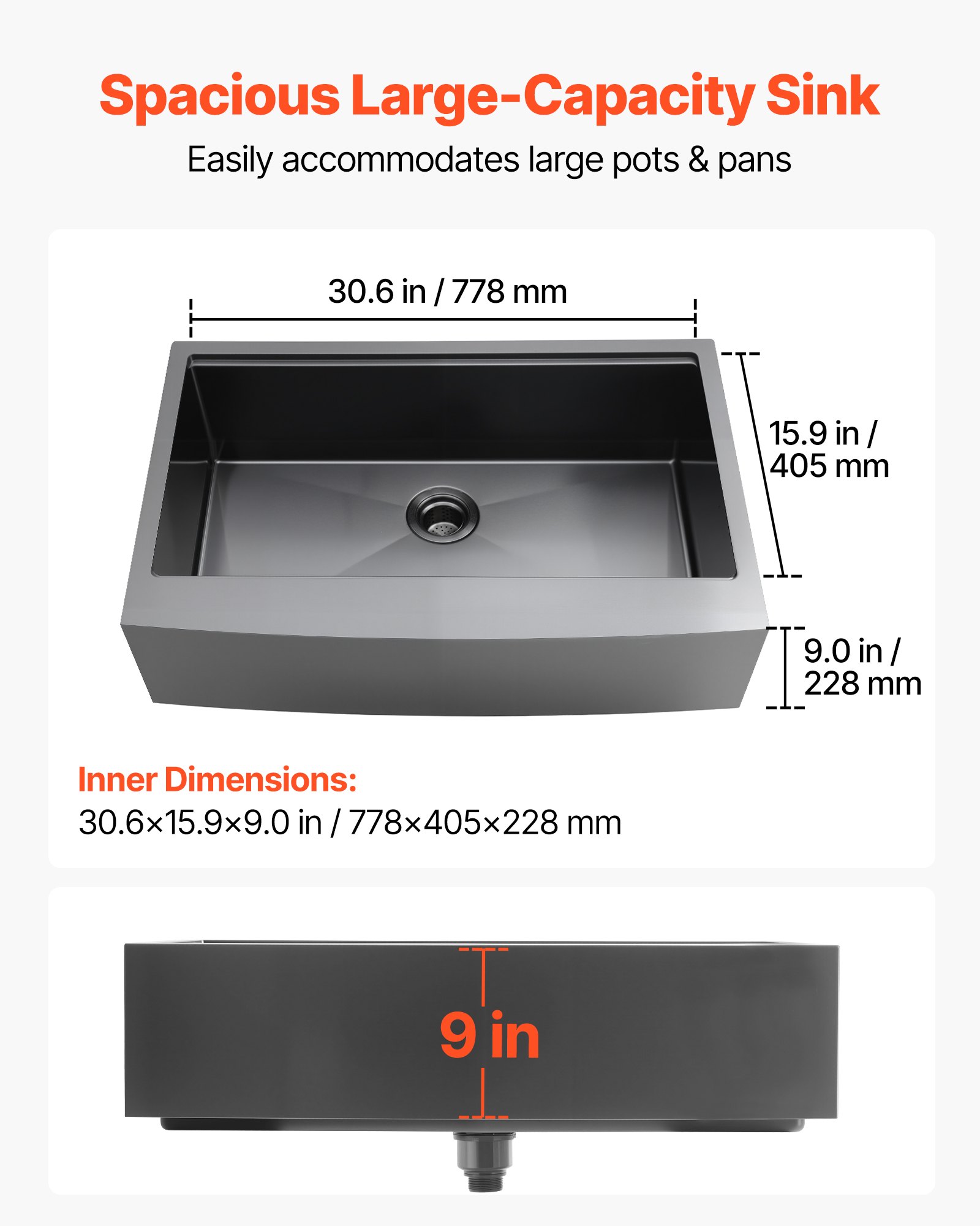 VEVOR 33-inch Kitchen Undermount Single Bowl Sinks, Stainless Steel Drop-In Farmhouse Basin with Ledge & Accessories, Household Dishwasher Sinks for RV, Prep Kitchen, Laundry Room, Bar