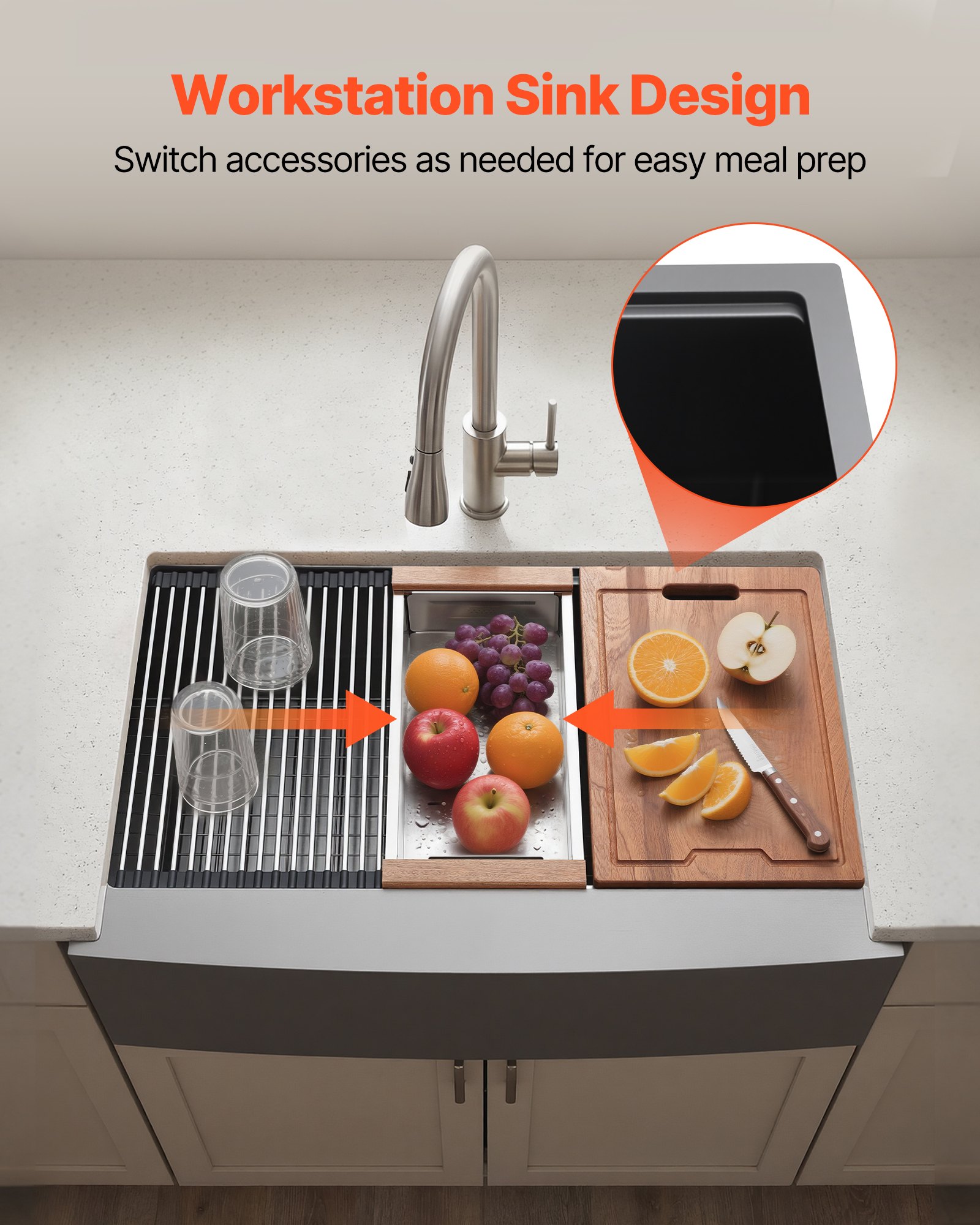 VEVOR 33-inch Kitchen Undermount Single Bowl Sinks, Stainless Steel Drop-In Farmhouse Basin with Ledge & Accessories, Household Dishwasher Sinks for RV, Prep Kitchen, Laundry Room, Bar
