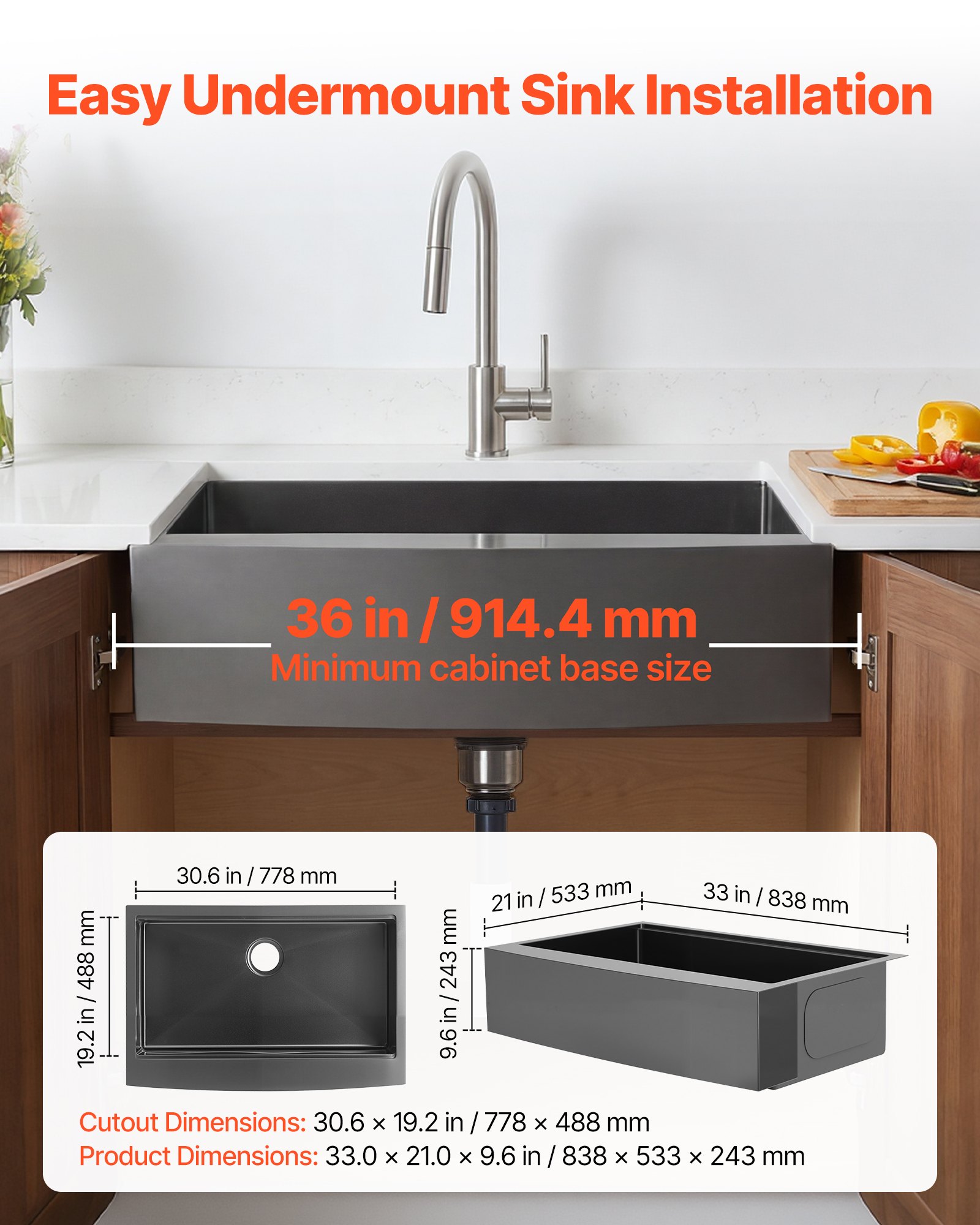 VEVOR 33-inch Kitchen Undermount Single Bowl Sinks, Stainless Steel Drop-In Farmhouse Basin with Ledge & Accessories, Household Dishwasher Sinks for RV, Prep Kitchen, Laundry Room, Bar