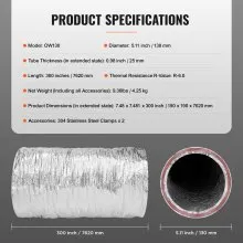VEVOR Dryer Vent Hose, 127MM Insulated Flexible Duct 7.62M Long with 2 Duct Clamps, Heavy-Duty Three Layer Protection for HVAC Heating Cooling Ventilation and Exhaust, R-6.0 Flame Resistance Value