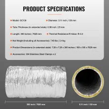 VEVOR Dryer Vent Hose, 127MM Insulated Flexible Duct 7.62M Long with 2 Duct Clamps, Heavy-Duty Three Layer Protection for HVAC Heating Cooling Ventilation and Exhaust, R-4.2 Flame Resistance Value