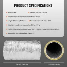 VEVOR Dryer Vent Hose, 152.4MM Insulated Flexible Duct 7.62M Long with 2 Duct Clamps, Heavy-Duty Three Layer Protection for HVAC Heating Cooling Ventilation and Exhaust, R-4.2 Flame Resistance Value